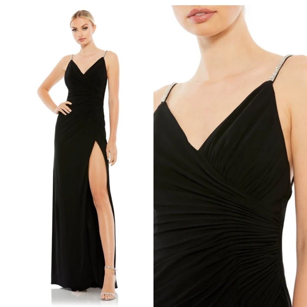 Mac Duggal 26695 Ieena black rhinestone stretch Maxi Dress High Slit plunge 10